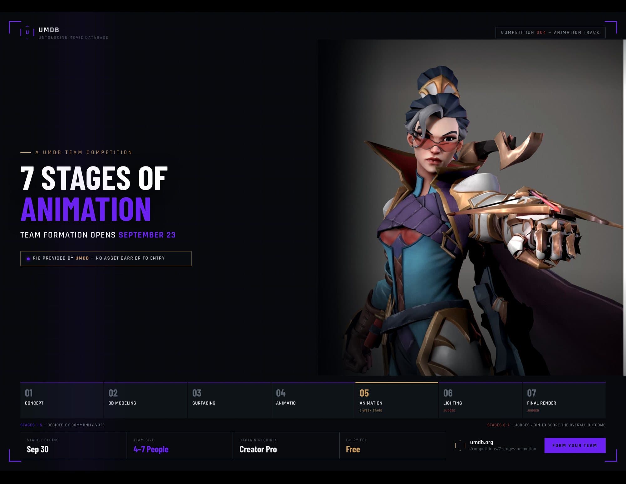 7 Stages of Animation poster: a stylised 3D character and the seven stages along the bottom